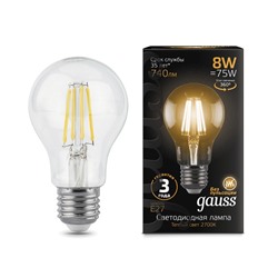 Лампа светодиодная филаментная Filament 8Вт A60 2700К тепл. бел. E27 740лм GAUSS 102802108