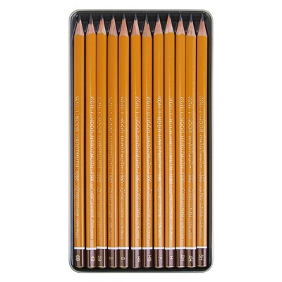 Набор карандашей чернографитных разной твердости 12 штук Koh-I-Noor 1580, 6В-6Н, в металлическом пенале