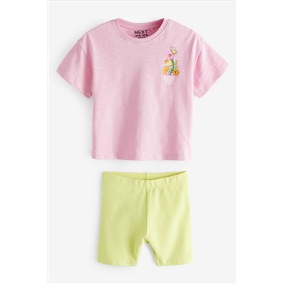 Pink/Green Character Short Sleeve T-Shirt and Cycle Shorts Set (3mths-7yrs)