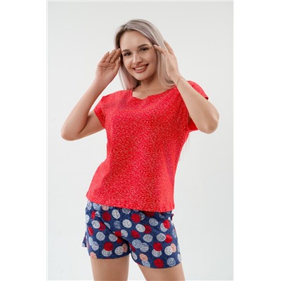 Пижама женская из футболки и шорт из кулирки Алиса березка красный