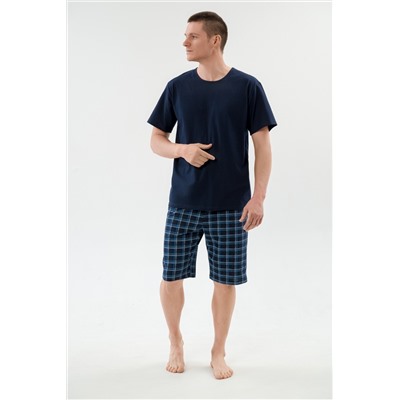 Пижама мужская из футболки с коротким рукавом и бридж из кулирки Генри темно-синий макси