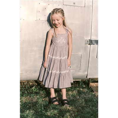 Charcoal Grey Stripe Embroidered Maxi Dress (3-16yrs)