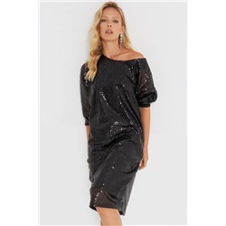 Женское черное платье-миди с пайетками EY2667