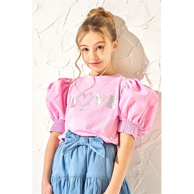 Angel & Rocket Pink Heidi Puff Sleeve Love Diamante Top