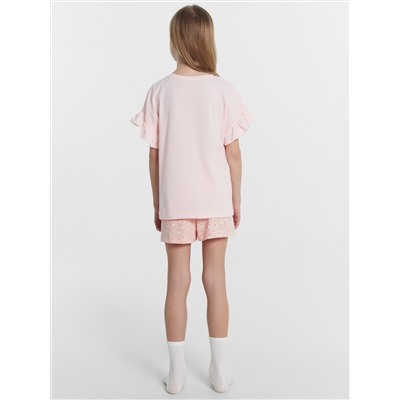 Комплект для девочек (футболка, шорты) розовый в цветочек