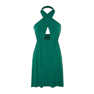 Мини-вязаное пляжное платье цвета хаки с вырезом/окном TBESS23EL00157