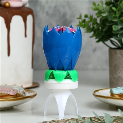 Свеча для торта музыкальная "Тюльпан", крутящаяся, синяя, 14,5×6 см