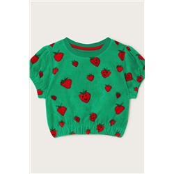 Monsoon Green Velour Strawberry Print Short Sleeve Top