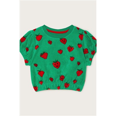 Monsoon Green Velour Strawberry Print Short Sleeve Top