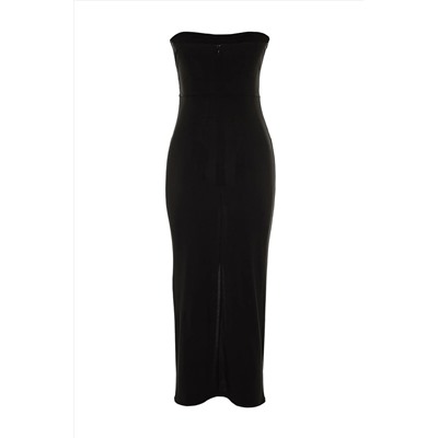 Черное элегантное вечернее платье с открытыми плечами и вырезом TPRSS23EL00261