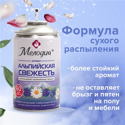 Сменный баллон 250 мл МЕЛОДИЯ "Альпийская свежесть", для автоматических освежителей, универсальный, 605228