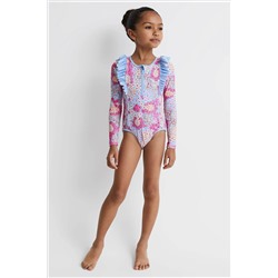 Reiss Poppy Floral Print Ruffle Long Sleeve Swimsuit