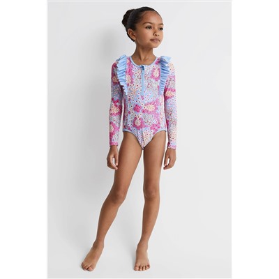 Reiss Poppy Floral Print Ruffle Long Sleeve Swimsuit