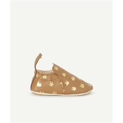 EASY PEASY
CHAUSSONS EN CUIR CAMEL IMPRIMÉ CHATS DORÉS