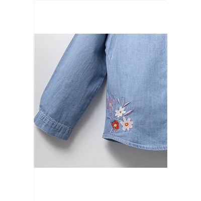 Джинсовая рубашка с длинным рукавом и цветочной вышивкой для девочек 7122