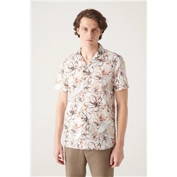 Мужская хлопковая рубашка бежевого цвета с цветочным принтом и коротким рукавом A21y2112