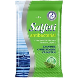 Салфетки влажные очищающие антибактериальные Salfeti Antibacterial с экстрактом листьев чайного дерева, 15 шт