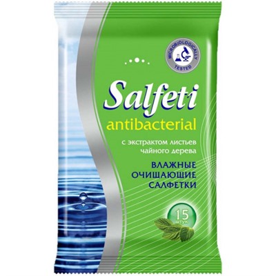 Салфетки влажные очищающие антибактериальные Salfeti (Салфети) Antibacterial с экстрактом листьев чайного дерева, 15 шт