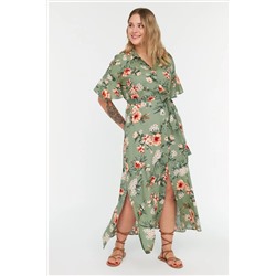 Зеленое тканое платье-рубашка с разрезом и цветочным принтом TBBSS22EL1596