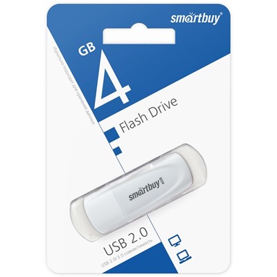 Флешка Smartbuy 4GB2SCW, 4 Гб, USB2.0, чт до 15 Мб/с, зап до 12 Мб/с, белая