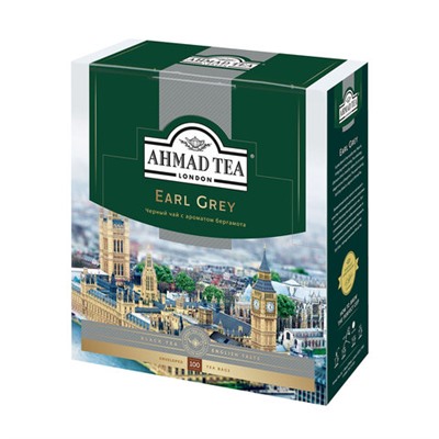 Чай AHMAD (Ахмад) "Earl Grey", черный цейлонский с ароматом бергамота, 100 пакетиков в конвертах по 2 г, 595i-08