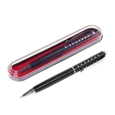 Ручка шариковая, подарочная, в пластиковом футляре, поворотная, "Бизнес", чёрная с серебристыми вставками