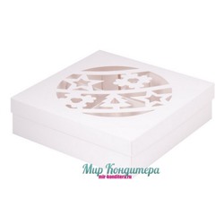 Коробка для зефира, тортов и пирожных с прозрач.окном "Новогодний шар" 200*200*70 мм (Белая)