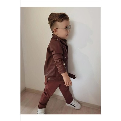 Габардиновые брюки / коричневая кожаная куртка / комплект из 3 футболок Suprem Burcak401