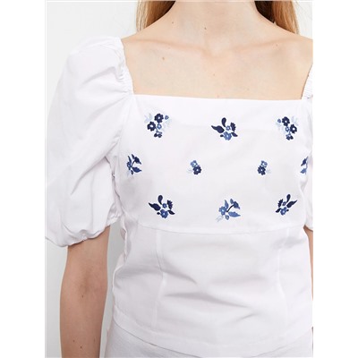 LC Waikiki Женская блузка из поплина с квадратным вырезом и вышивкой, с короткими рукавами