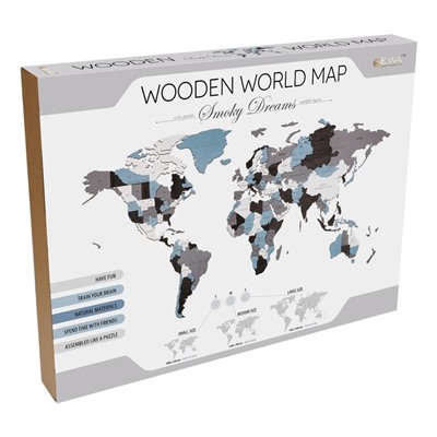 Карта мира деревянная Eco Wood Art Wooden World Map Smoky Dreams, объёмная, трёхуровневая, размер S, 100x55 см, цвет дымчатый