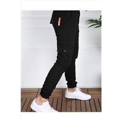 Льняные парусиновые брюки-карго с карманами черного цвета 30060556