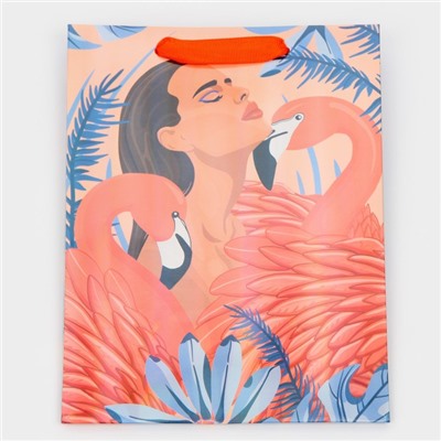 Пакет подарочный ламинированный, упаковка, «Девушка с фламинго», радужная голография, MS 18 х 23 х 10 см