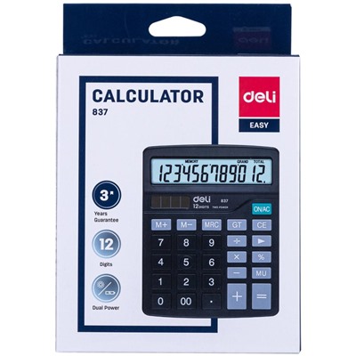 Калькулятор настольный КОМП. Deli E837, 12-р, дв.пит., 148x120мм, черный