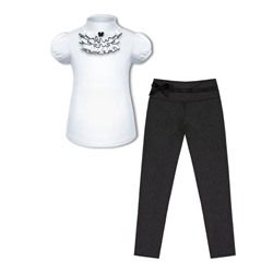 Школьный комплект для девочки с белой водолазкой (блузкой) с коротким рукавом и серыми брюками с бантом