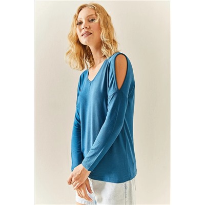 XHAN Petrol Синяя повседневная блузка с низким вырезом и плечами 3YXK2-47539-42