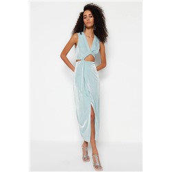 Вязаное вечернее платье с окном и вырезами на подкладке мятного цвета TPRSS23EL00510