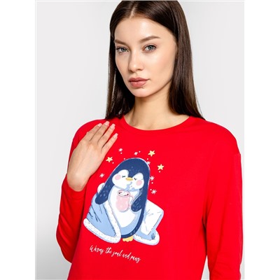 Комплект женский (джемпер, брюки) красный с принтом "пингвины"