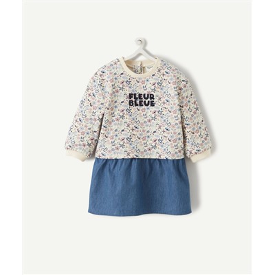 ROBE BÉBÉ FILLE EN BI-MATIÈRE DENIM ET IMPRIMÉE FLEURI