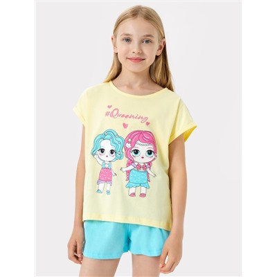 Пижама для девочек (футболка, шорты) в желтом и голубом цвете с принтом