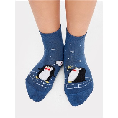 Носки детские плюшевые синие с рисунком в виде пингвинов