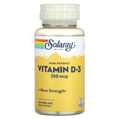 Solaray, Высокоэффективный витамин D3, 250 мкг, 60 растительных капсул