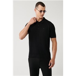 Черная футболка из вискозы с воротником-поло и трикотажной деталью, стандартная посадка