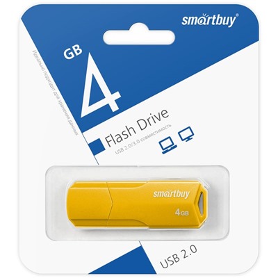 Флешка Smartbuy 4GBCLU-Y, 4 Гб, USB2.0, чт до 25 Мб/с, зап до 15 Мб/с, желтая