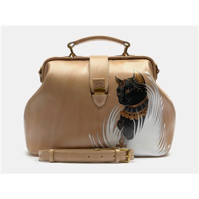Бежевая кожаная сумка с росписью из натуральной кожи «W0023 Beige Египетская кошка»