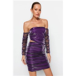 Фиолетовое элегантное вечернее платье из тюля с блестящими окнами и вырезами на подкладке TPRAW24EL00073
