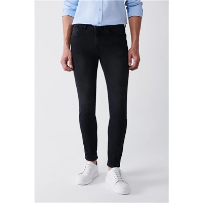 Мужские черные однотонные потертые эластичные зауженные джинсовые брюки A31y3504