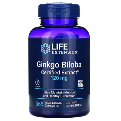 Life Extension, Ginkgo Biloba, Certified Extract, гинкго билоба, сертифицированный экстракт, 120мг, 365 вегетарианских капсул