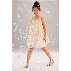 Neutral/ Iridescent Sequin Gathered Strappy Party Dress (3-14yrs)