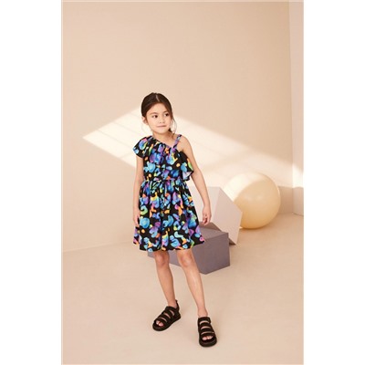 Black Print One-Shoulder Dress (3-16yrs)