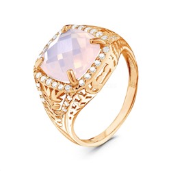 Кольцо из золочёного серебра с пл.кварцем цв.лунный розовый и фианитами